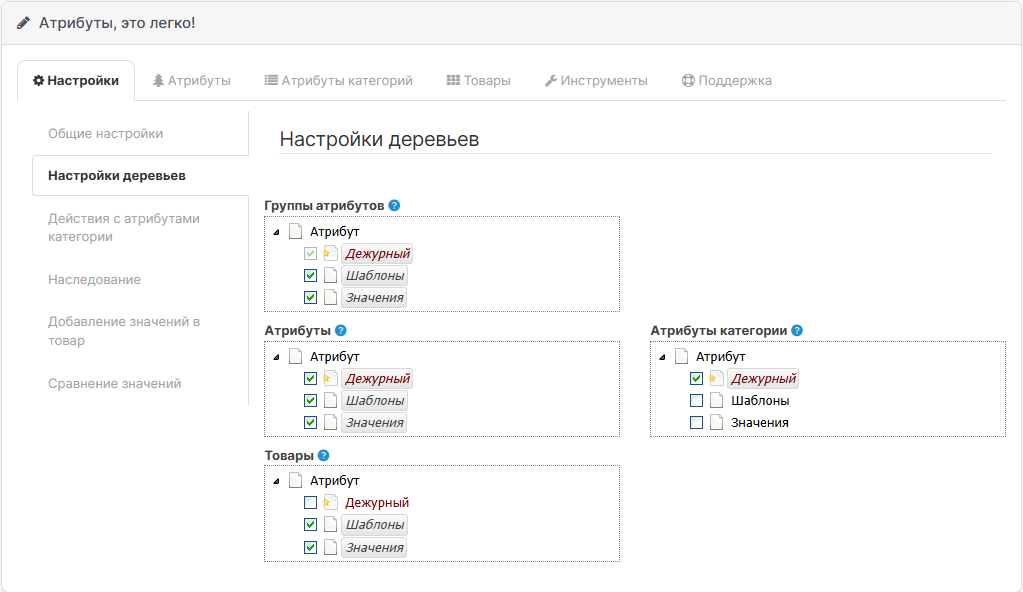 Настройки дочерних узлов деревьев
