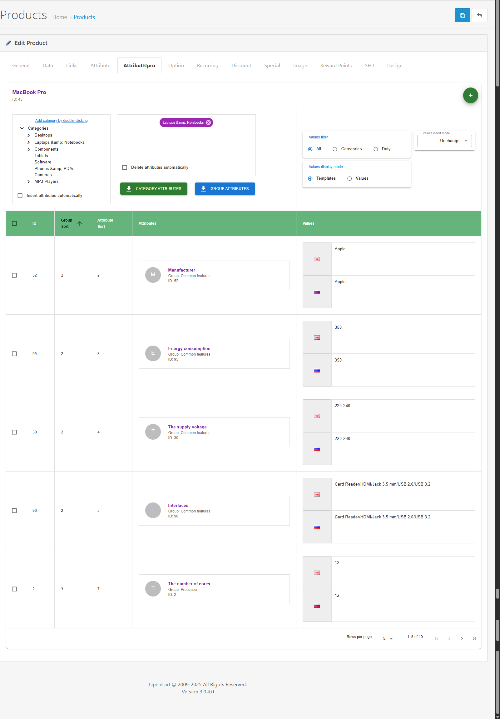 Product Attributes Table